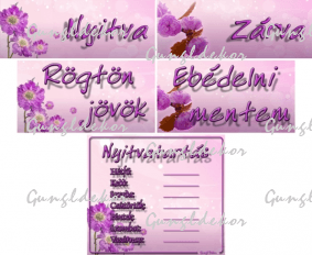 Kreatív nyitvatartásos táblák, lila virágos háttérrel