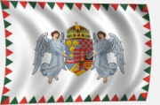 Angyalos címeres magyar zászló farkasfogas díszítéssel